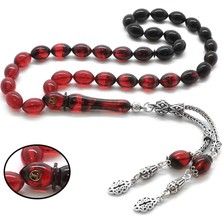 DAVİD BLACK 925 Ayar Gümüş Çift Püsküllü Arpa Kesim Kırmızı Ateş Kehribar Tesbih