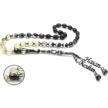 DAVİD BLACK 1000 Ayar Çift Kazaz Püsküllü Arpa Kesim İsim Yazılı Siyah Ateş Kehribar Tesbih