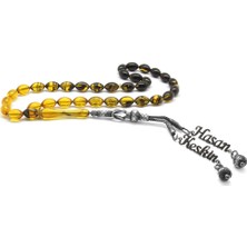 DAVİD BLACK 1000 Ayar Çift Kazaz Püsküllü Arpa Kesim İsim Yazılı Sarı Ateş Kehribar Tesbih