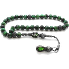 DAVİD BLACK 1000 Ayar Gümüş Kazaz Püsküllü Küre Kesim Yeşil Kaplangözü Doğaltaş Tesbih