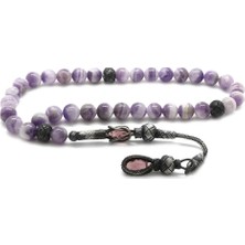 DAVİD BLACK 1000 Ayar Gümüş Kazaz Püsküllü Küre Kesim Ametist Doğaltaş Tesbih