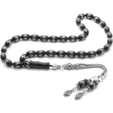 DAVİD BLACK 925 Ayar Gümüş Püsküllü Gümüş İşlemeli Arpa Kesim Rus Oltu Tesbih