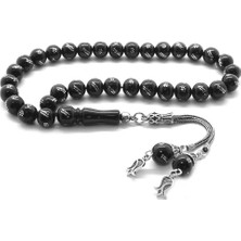 DAVİD BLACK 925 Ayar Gümüş Lale Püsküllü Gümüş İşlemeli Küre Kesim Rus Oltu Tesbih