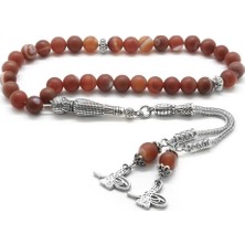 DAVİD BLACK Kararmaz Metal Tuğra Püsküllü Küre Kesim Mat Kırmızı Akik Doğaltaş Tesbih