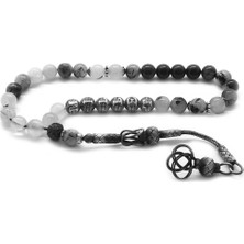 DAVİD BLACK 1000 Ayar Gümüş Kazaz Püsküllü Küre Kesim İsim Yazılı Kuvars Doğaltaş Tesbih