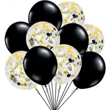 Kidspartim 10 'lu Siyah Balon Gold Konfetili Set