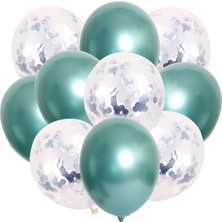 Kidspartim 10 'lu Gümüş Konfetili Yeşil Krom Balon Seti