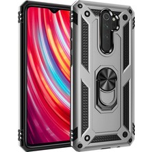 Smody Xiaomi Redmi Note 8 Pro Kılıf Yüzüklü Standlı Lüx Silikon + Kırılmayan Esnek Nano Cam - Gümüş