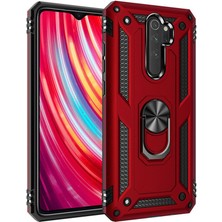 Smody Xiaomi Redmi Note 8 Pro Kılıf Yüzüklü Standlı Lüx Silikon + Kırılmaz Cam - Kırmızı