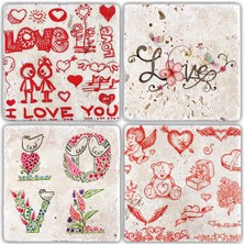 Oscar Stone Decor Bardak Altlığı Sevgililer Günü 4'lü Set