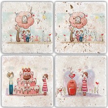 Oscar Stone Decor Bardak Altlığı Sevgililer Günü 4'lü Set