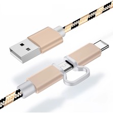 LinkTech Micro USB / Type-C 2in1 Örgü Metal Şarj Kablosu 1.2 mt