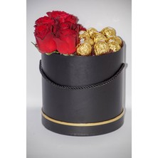 Filika Store Siyah Silindir Büyük Kutuda Gül ve Ferrero Rocher Çikolata