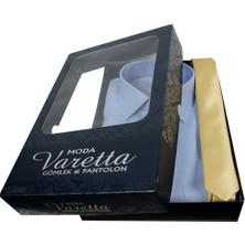 Varetta Erkek Mavi Gömlek Gold Sarı Kravat Gömlek Kombin Seti