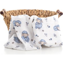 Caline Baby Müslin Bezi Örtü Kuzu Desen - Mavi + 4 Adet Ağız Mendili