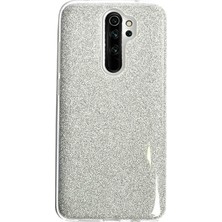 Case 4U Xiaomi Redmi Note 8 Pro Kılıf Çift Katmanlı Simli Shining Sert Silikon Arka Kapak Gümüş