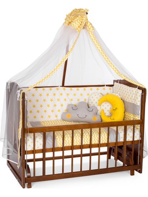 Bamgidoo Ahşap Ceviz Renk Anne Yanı Beşik 3 Kademeli Sallanan Ahşap Beşik 60 x 120 cm - Sarı Yıldız Uyku Setli & Soft Yataklı