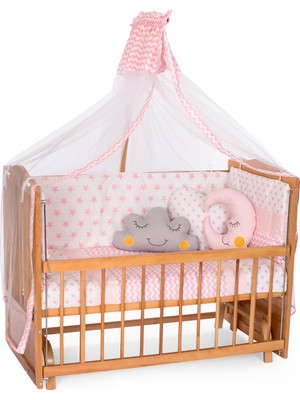 Bamgidoo Ahşap Meşe Renk Anne Yanı Beşik 3 Kademeli Sallanan Ahşap Beşik 60 x 120 cm - Pembe Yıldız Uyku Setli & Soft Yataklı