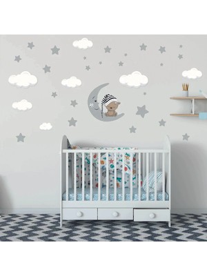 Kt Decoration Uyuyan Ayıcık, Yıldızlar ve Bulutlar Çocuk Odası Sticker Dev Set