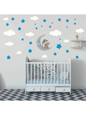 Kt Decoration Uyuyan Ayıcık, Yıldızlar ve Bulutlar Çocuk Odası Duvar  Dev Set