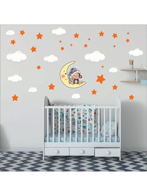 Kt Decoration Uyuyan Maymun, Yıldızlar ve Bulutlar Çocuk Odası Sticker