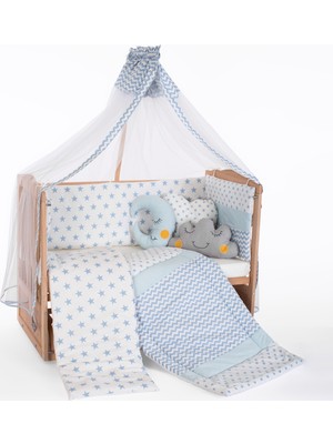 Bamgidoo Ahşap Organik Beşik Anne Yanı Beşik 3 Kademeli Lüx Bebek Beşiği 60 x 120 cm - Mavi Yıldız Uyku Setli & Soft Yataklı