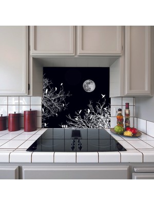 Kt Decoration Mutfak Ocağı Arkası Sticker Ay, Gece ve Kuşlar