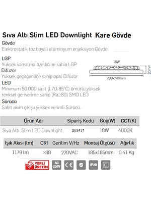 Lamptime 263431 LED Panel Slim Kare Spot 18 W 4000K Ilık Beyaz Işık Siyah Gövde