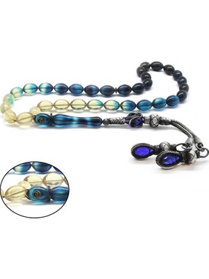 DAVİD BLACK 1000 Ayar Gümüş Kazaz Püsküllü Arpa Kesim Süzme Mavi Ateş Kehribar Tesbih