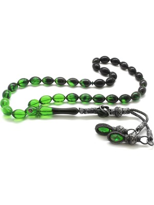 DAVİD BLACK 1000 Ayar Gümüş Kazaz Püsküllü Arpa Kesim Süzme Yeşil Ateş Kehribar Tesbih