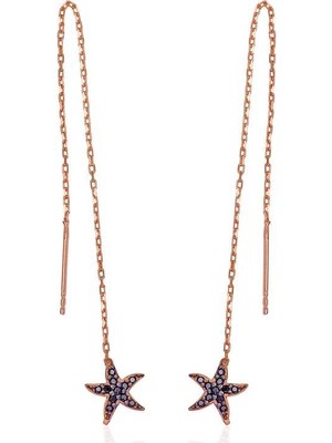 Harem Altın Gümüş Siyah Taşlı Deniz Yıldızı Zincirli Küpe