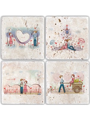 Oscar Stone Decor Bardak Altlığı Sevgililer Günü 4'lü Set