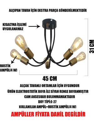 Taşcan Aydınlatma Milano 5'li Siyah Eskitme Kollu Avize Camsız