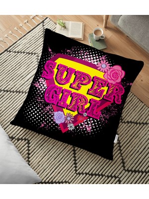 RealHomes Siyah Zeminli Super Girl Tasarımlı Dijital Baskılı Yer Minderi - 70 x 70 cm
