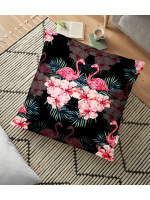 RealHomes Siyah Zeminde Lilyum ve Flamingo Özel Tasarım Yer Minderi - 70 x 70 cm