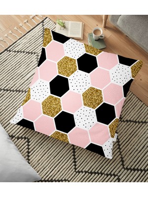 RealHomes Geometrik Petek Desenli Altın Detaylı Modern Yer Minderi - 70 x 70 cm