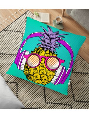 RealHomes Mavi Zeminde Ananas Desenli Dijital Baskılı Yer Minderi - 70 x 70 cm