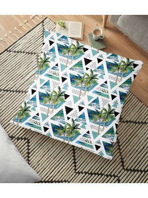 RealHomes Mavi Geometrik Palmiye Desenleri Dekoratif Yer Minderi - 70 x 70 cm