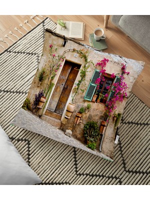RealHomes Çiçek Penceresi Desen Dijital Baskılı Yer Minderi - 70 x 70 cm