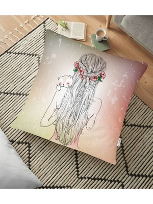 RealHomes Fashion Girl Dijital Baskılı Modern Yer Minderi - 70 x 70 cm