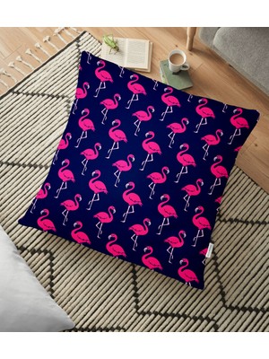 RealHomes Lacivert Zeminli Pembe Flamingolar Tasarımlı Dijital Baskılı Yer Minderi - 70 x 70 cm