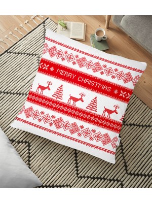 RealHomes Merry Christmas Kanaviçe Görünümlü Geyikler Baskılı Yer Minderi - 70 x 70 cm