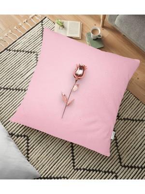 RealHomes Pembe Zeminli Altın Gül 3D Baskılı Yer Minderi - 70 x 70 cm