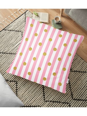 RealHomes Pembe Çizgili Altın Puanlı Özel Tasarımlı Yer Minderi - 70 x 70 cm