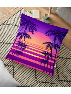 RealHomes Mor Zeminli Palmiyeler Motifli Dijital Baskılı Dekoratif Yer Minderi - 70 x 70 cm