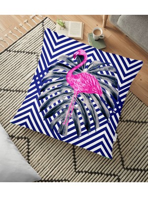 RealHomes Lacivert Zeminli Flamingo Desenli Dijital Baskılı Yer Minderi - 70 x 70 cm