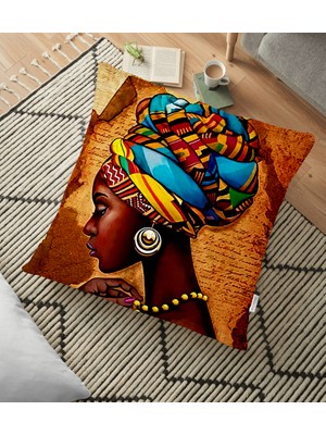 RealHomes African Woman Çizimli Dijital Baskılı Modern Yer Minderi - 70 x 70 cm