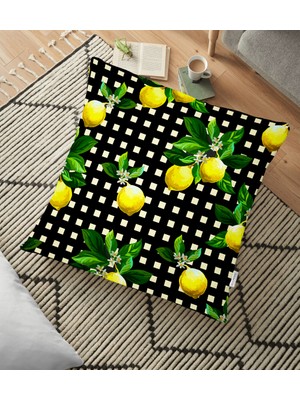RealHomes Siyah Zeminde Ekose Desenli Limon Baskılı Dekoratif Yer Minderi - 70 x 70 cm