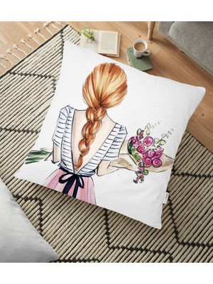 RealHomes Çiçekli Kız Çizimli Modern Dekoratif Yer Minderi - 70 x 70 cm