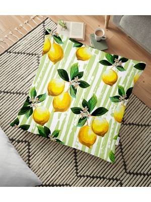 RealHomes Yeşil Zeminli 3 Boyutlu Limon Desenli Dijital Baskılı Yer Minderi - 70 x 70 cm